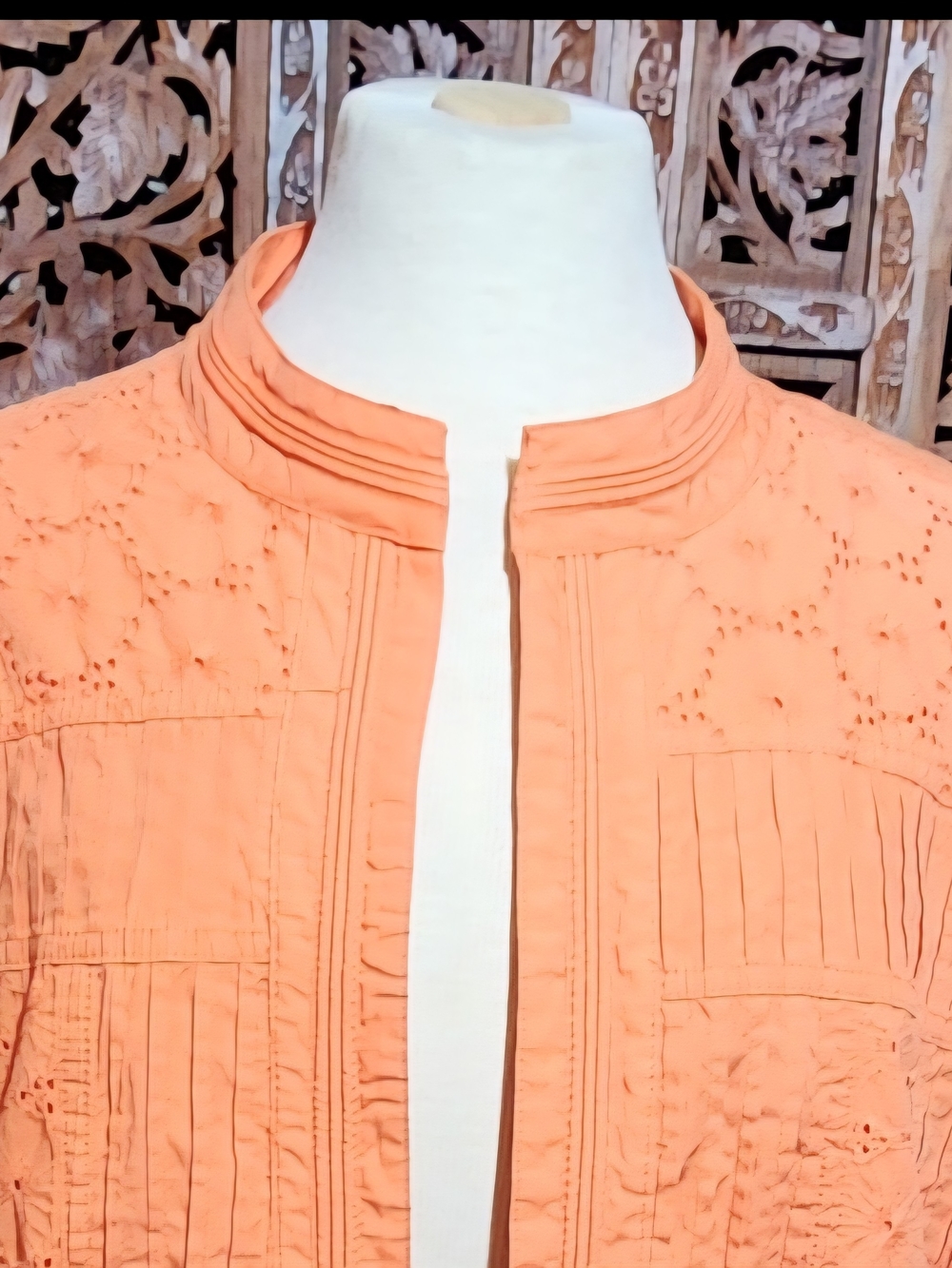 TanJay Orange Eyelet & Tuck Open-Front Jacket 3/4 Sleeve